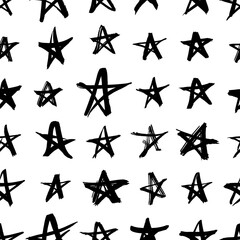 Vector art illustration grunge stars. Set of hand drawn paint object snowflakes for design.  Black and white  shine background. Abstract brush drawing