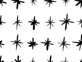 Vector art illustration grunge stars. Set of hand drawn paint object snowflakes for design.  Black and white  shine background. Abstract brush drawing