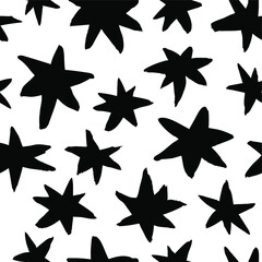 Vector art illustration grunge stars. Set of hand drawn paint object snowflakes for design.  Black and white  shine background. Abstract brush drawing