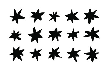 Vector art illustration grunge stars. Set of hand drawn paint object snowflakes for design.  Black and white  shine background. Abstract brush drawing