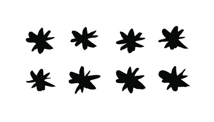 Vector art illustration grunge stars. Set of hand drawn paint object snowflakes for design.  Black and white  shine background. Abstract brush drawing