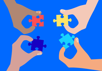 Autism awareness concept with human hands. Autism awareness concept with human hands collecting puzzle elements of blue, red, yellow colors. World autism awareness day. Colorful puzzle vector design