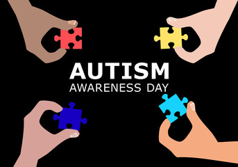 Autism awareness concept with human hands. Autism awareness concept with human hands collecting puzzle elements of blue, red, yellow colors. World autism awareness day. Colorful puzzle vector design