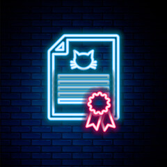Glowing neon line Medical certificate for travel with dog or cat icon isolated on brick wall background. Document for pet. Dog or cat paw print. Colorful outline concept. Vector.