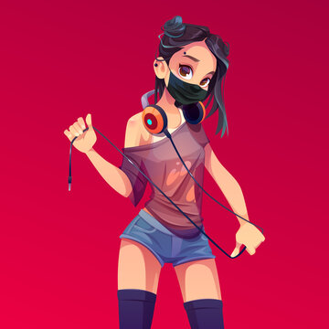 Dj girl in black mask, modern clothes, hairstyle and piercing holding wire of headphones hang on neck. Young sexy caucasian teen woman disc jockey in shorts and stockings. Cartoon vector illustration