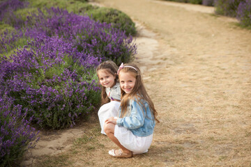 Cute little girls having fun in a lavender field