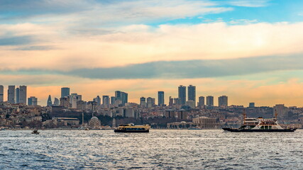 Cruise ferries in Bosphorus between european and asian coasts of Istanbul. Turkey.