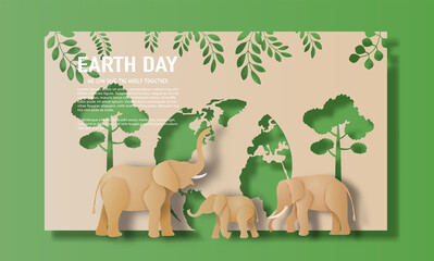 Earth Day,  a landscape of elephant family with trees, save the planet and energy concept, paper illustration, and 3d paper.