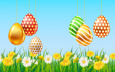 Easter Colored Eggs banner template. Realistic shine decorated, painted eggs, colorful spring flowers chamomile, dandelions, blue sky. Spring holiday poster, greeeting card, flyer vector, illustration