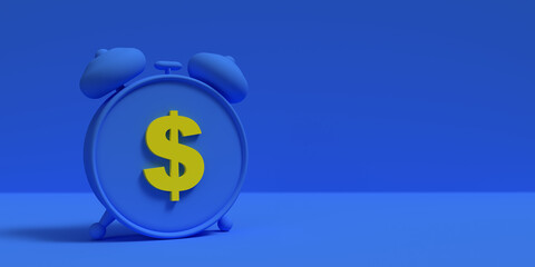 3D rendered clock message concept: US Dollar sign in yellow. Graphic design in illustration. Timer object. Isolated on blue background with dropped shadow and copy space. Financial payment reminder.