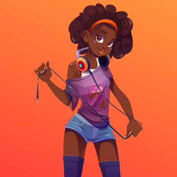 Afro dj girl in headphones on neck, modern clothes and curly hairstyle. Young sexy woman with dark skin and piercing on cute face, disc jockey teenager in jeans shorts, Cartoon vector illustration