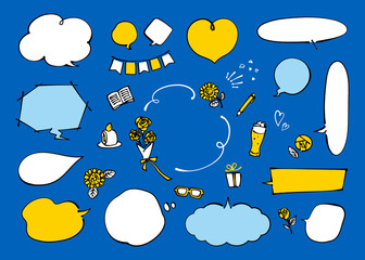 父の日イメージの吹き出しセット ペン画、墨だまり線（青背景、文字無し）