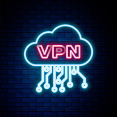 Glowing neon line Cloud VPN interface icon isolated on brick wall background. Software integration. Colorful outline concept. Vector.