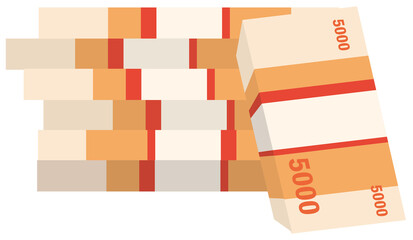 Several bundles of 5000 denomination money isolated on a white background. Symbol of economy, business, profit and wealth. Flat infographics. Vector illustration.