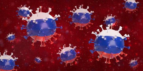 Global healthcare crisis in Covid-19 outbreak and vaccine concept: 3d rendered coronavirus cells with Russian flag floating in bloodstream background. National fight against pandemic.
