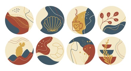 Vector set of round boho icons and emblems for social media story highlight covers. Hand-drawn trendy design templates for bloggers, designers and photographers.