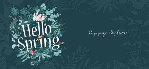 Hello Spring. A composition of flowers and inscriptions. Spring, summer vector illustration. Poster, banner, postcard.