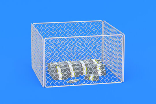 Big Pile Of Money Behind The Fence. Business Concept. Protection Of Funds. Investment Security. Hidden Income. Seizure Of Financial Accounts. Unavailable Cash. 3d Rendering