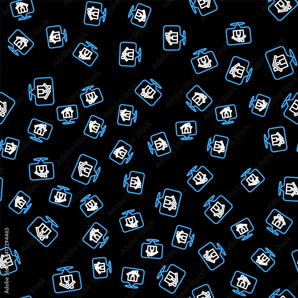 Poster line map pointer with house icon isolated seamless pattern on black background. home location marker