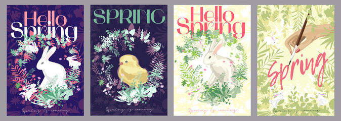 Hello Spring. A set of vector, abstract illustrations about spring, summer. A rabbit in flowers, a chicken, a hand with a brush. Poster, banner, postcard.