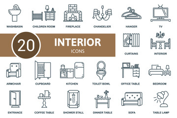 Interior icon set. Contains editable icons interior theme such as toilet bowl, fireplace, table lamp and more.