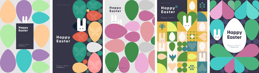 Happy Easter. Patterns. Modern geometric abstract style. A set of vector Easter illustrations. Easter eggs, rabbit. Perfect for a poster, cover, or postcard.