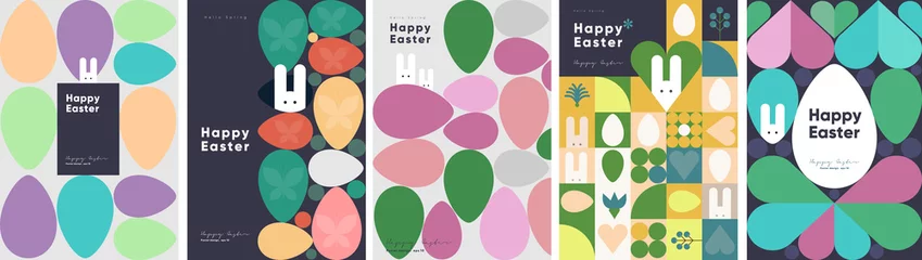 Foto op Canvas Happy Easter. Patterns. Modern geometric abstract style. A set of vector Easter illustrations. Easter eggs, rabbit. Perfect for a poster, cover, or postcard. © Molibdenis-Studio