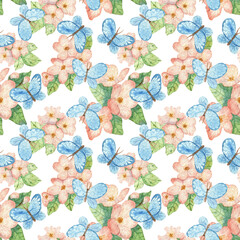 Hand drawn watercolor seamless floral pattern. Light background with pink apple-tree flowers and blue butterflies. Botanical illustration for design, wrapping paper, fabrics, textiles, wallpapers.