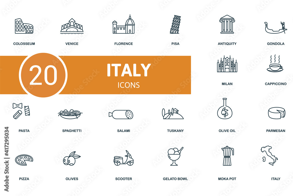 Wall mural italy icon set. contains editable icons italy theme such as venice, pisa, gondola and more.