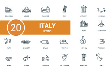 Italy icon set. Contains editable icons italy theme such as venice, pisa, gondola and more. © Mariia