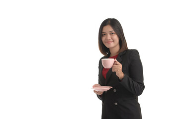 Asian business woman is holding a cup of coffee and expressing joy. On white Background.