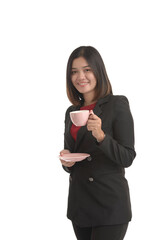 Asian business woman is holding a cup of coffee and expressing joy. On white Background.