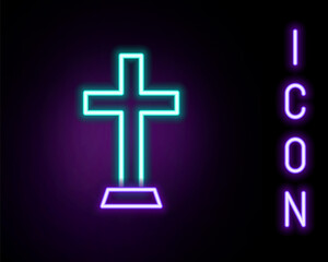 Obraz premium Glowing neon line Christian cross icon isolated on black background. Church cross. Colorful outline concept. Vector.