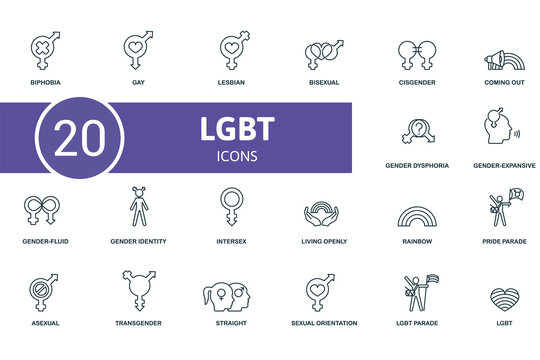 Lgbt icon set. Contains editable icons lgbt theme such as gay, bisexual, coming out and more.