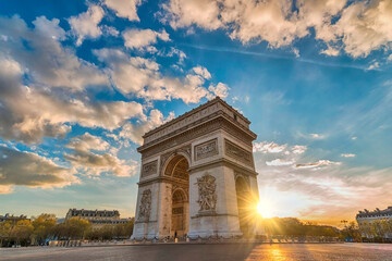 Paris France sunset city skyline at Arc de Triomphe and Champs Elysees - obrazy, fototapety, plakaty