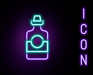Obraz premium Glowing neon line Tequila bottle icon isolated on black background. Mexican alcohol drink. Colorful outline concept. Vector.