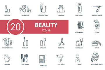 Makeup And Beauty icon set. Contains editable icons makeup and beauty theme such as cosmetics, handbag, barber razor and more.