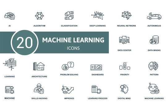 Machine Learning icon set. Contains editable icons theme such as , algorithm, deep learning and more.