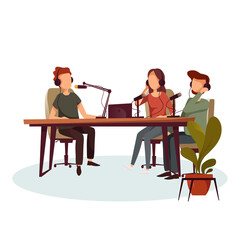 Podcasters talking to microphones recording podcast in studio podcasting. Mens and woman in headphones talking. Mass media broadcasting.