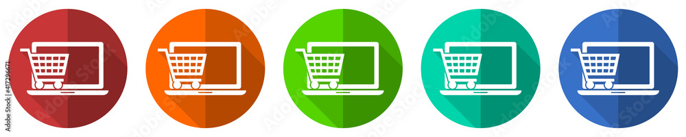 Aufkleber Online shop icon set, flat design vector illustration in 5 colors options for webdesign and mobile applications