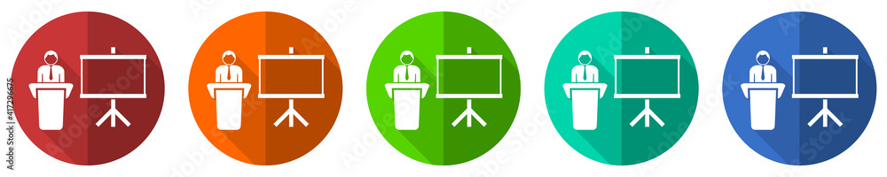 Aufkleber Seminar and training icon set, flat design vector illustration in 5 colors options for webdesign and mobile applications