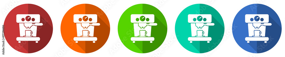 Poster Coffee machine icon set, flat design vector illustration in 5 colors options for webdesign and mobile applications