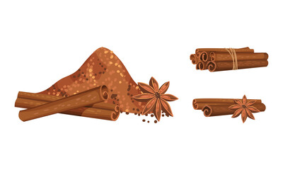 Dried Cinnamon Bark Strips and Pile of Bark Powder Vector Set