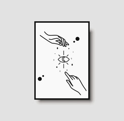 Female hand with boho eye wall art. Woman hand gesture for boho poster, beauty and fashion. Vector illustration for occult, boho and magic. Female hand gesture wall art poster for interior