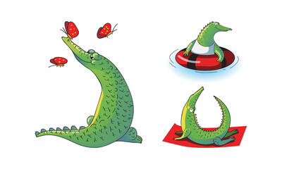Cartoon Crocodile Swimming with Rubber Ring and Doing Yoga on Mat Vector Set