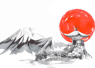 Japan traditional sumi-e painting. Fuji mountain, sakura, temple, sunset. Japan sun. Indian ink vector illustration. Japanese picture.