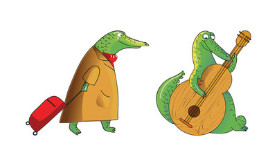 Cartoon Crocodile in Coat Pulling Luggage Bag and Playing Cello Vector Set