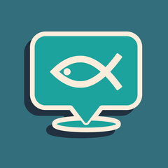 Green Christian fish symbol icon isolated on green background. Jesus fish symbol. Long shadow style. Vector.