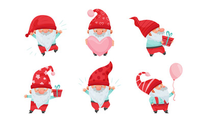 Fantastic Gnome Character with White Beard and Red Pointed Hat Vector Illustration Set