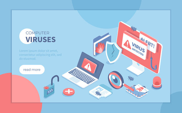 Computer Viruses. Errors detected, alert messages, bugs, open lock, infected files, broken shield. Monitor and laptop with alert messages. Isometric vector illustration for banner, website.
